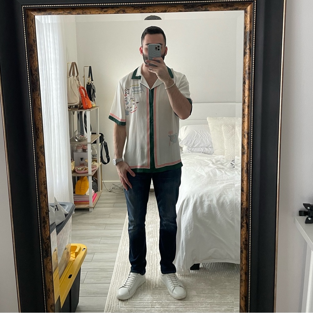 ZARA Paradise Silk Short Sleeve Button Down